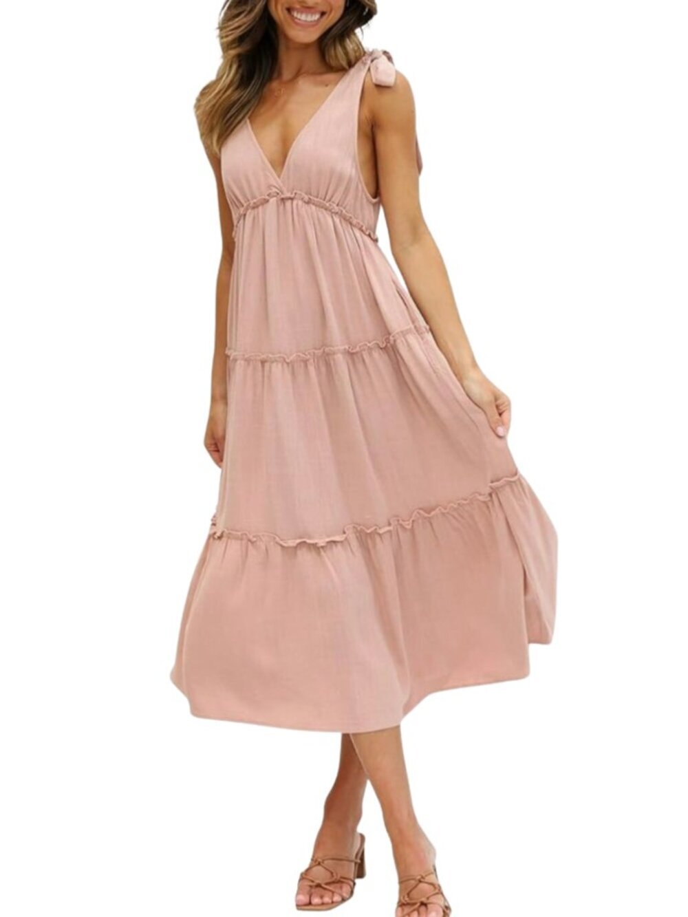 100% Linen Tiered Midi Dress Blush Pink Tie Strap Billy J Carla US 6 NWT Wedding